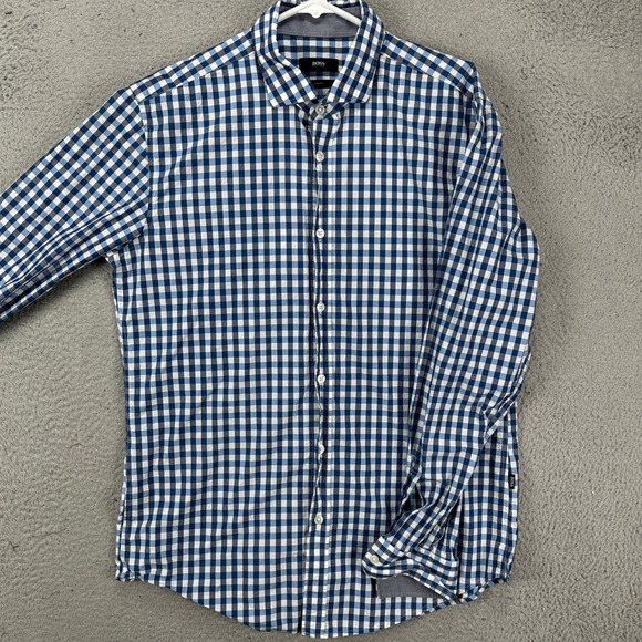 Boss Hugo Boss Shirt Button Up Mens Large Blue White Check Slim Fit Long Sleeve